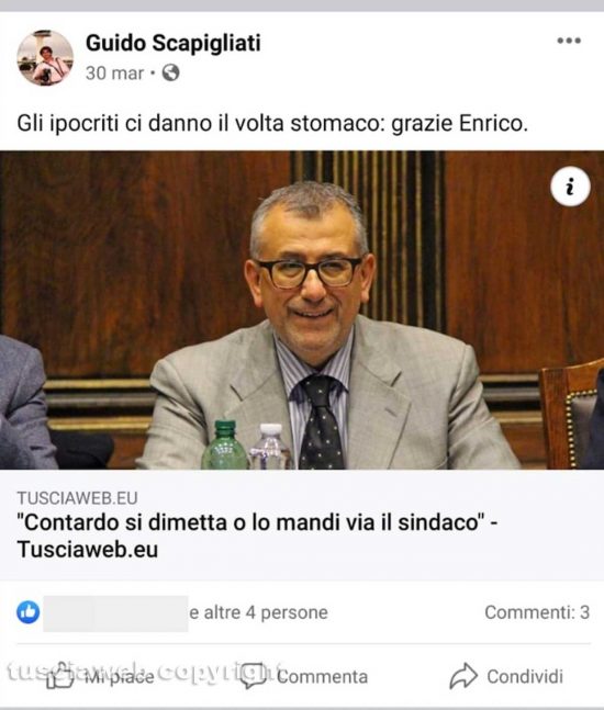 Il post Facebook con il "grazie" ad Enrico Contardo