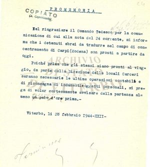 Comunicazione al comando tedesco - Traduzione ebrei viterbesi al campo di concentramento di Carpi 28/02/1944