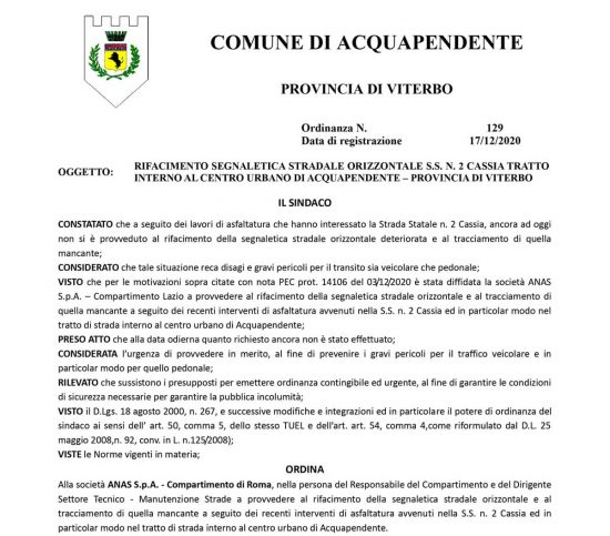 Acquapendente - La diffida del sindaco all'Anas per far dipingere le strisce pedonali