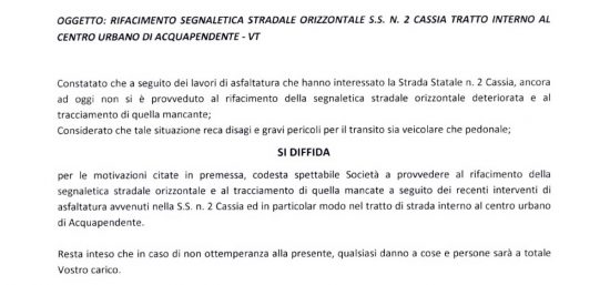Acquapendente - La diffida del sindaco all'Anas per far dipingere le strisce pedonali