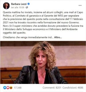 Il post Facebook di Barbara Lezzi in cui chiede una nuova consultazione sulla piattaforma Rousseau