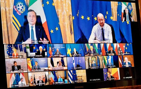 Mario Draghi in videoconferenza con i leader europei