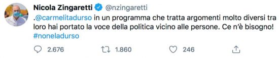 Il tweet di Nicola Zingaretti a favore di Barbara d'Urso