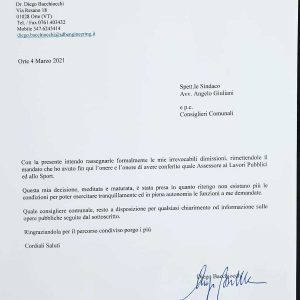 Orte - La lettera di dimissioni dell'assessore Bacchiocchi