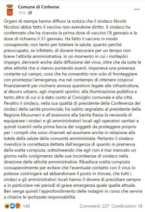 Il post Facebook che spiega le motivazioni della vaccinazione del sindaco Nicolò Nicolosi