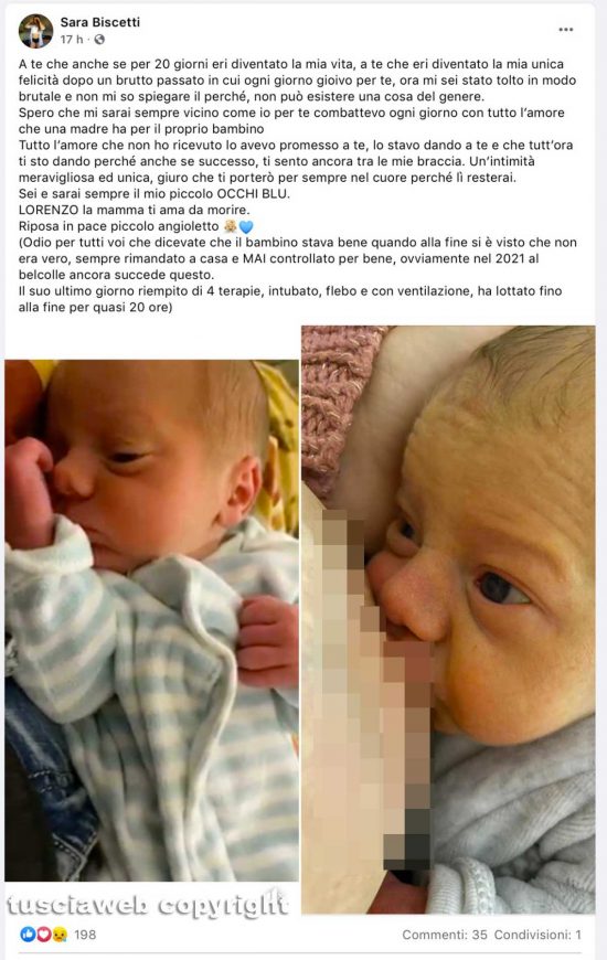 Neonato morto a Belcolle - Il post di Sara Biscetti, madre di Lorenzo Milioni