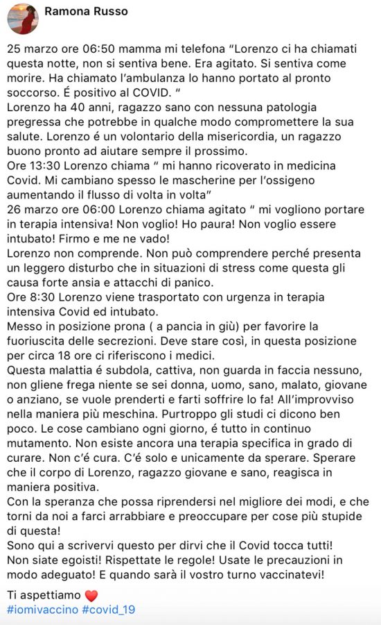 Covid - Volontario della misericordia in terapia intensiva - Il racconto della sorella su Facebook