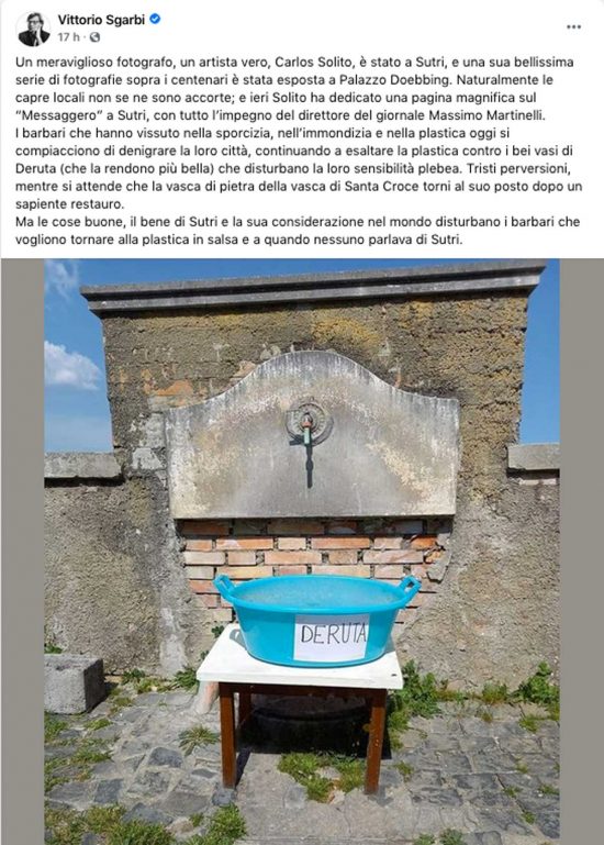 Il post di Sgarbi su Facebook