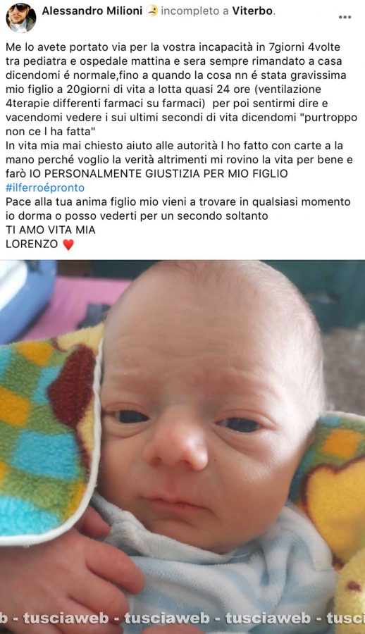 Neonato morto a Belcolle - Il post di Alessandro Milioni, padre di Lorenzo