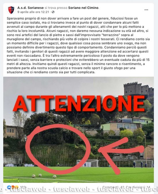 Lancio di sassi durante l'allenamento - Il post della A.s.d. Sorianese 