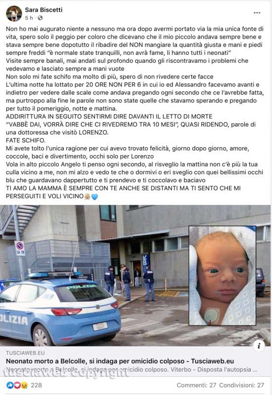 Neonato morto a Belcolle - Il post di Sara Biscetti, madre di Lorenzo Milioni