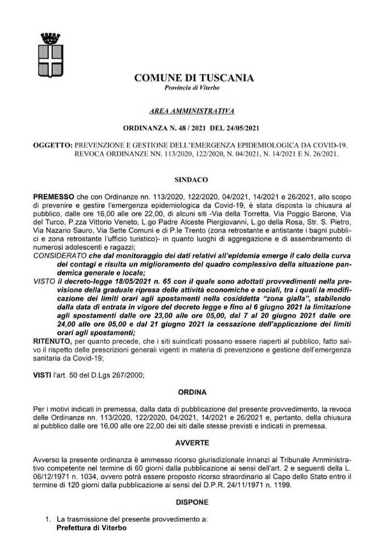 Tuscania - L'ordinanza di revoca delle zone rosse 