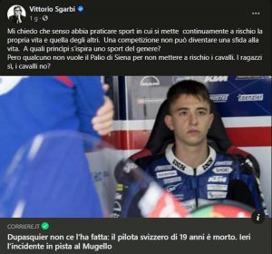 Sport - Il post di Vittorio Sgarbi sulla morte di Jason Dupasquier