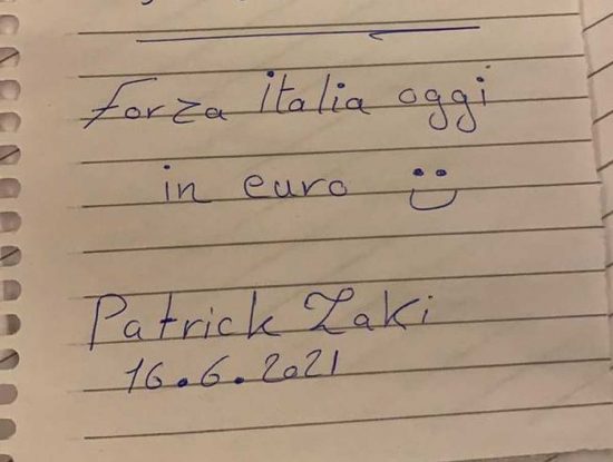 Gli auguri di Patrick Zaki agli azzurri per gli europei di calcio