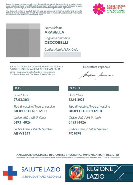 Il certificato delle vaccinazioni anti Covid di Arabella Ceccobelli