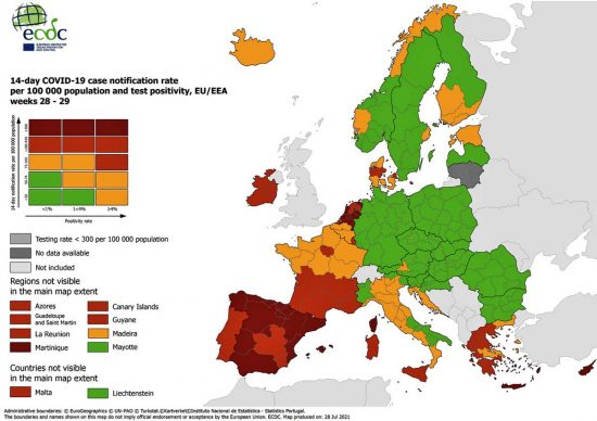 La mappa dell'Ecdc aggiornata al 29 luglio 2021