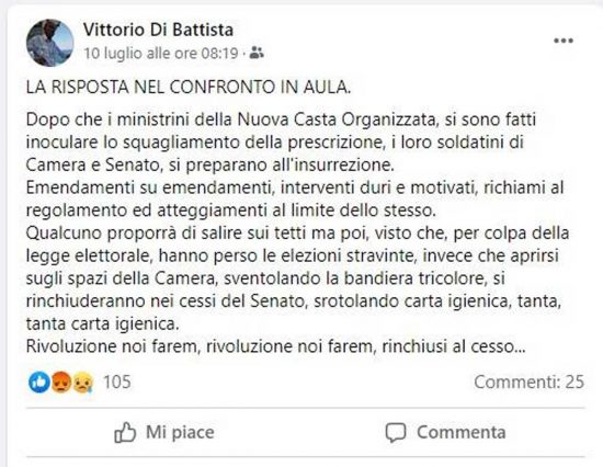 Il post su Facebook di Vittorio Di Battista 