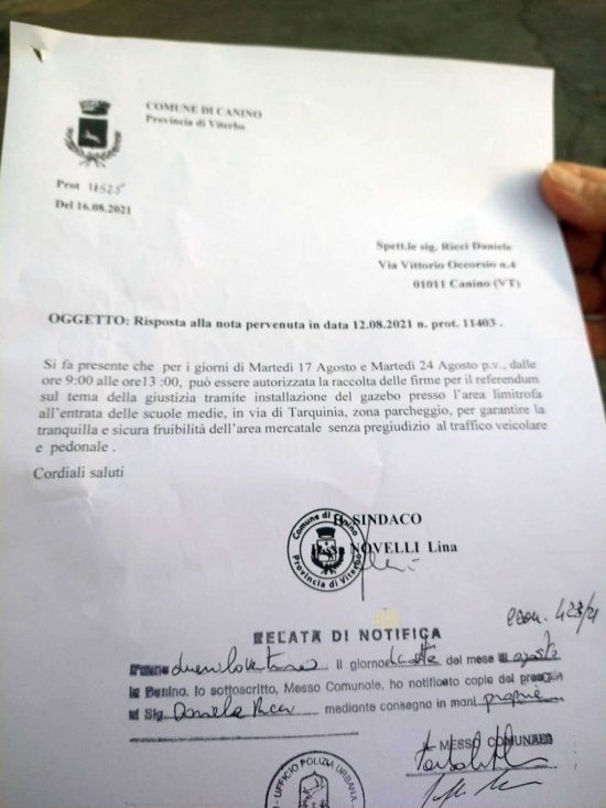 Canino - La Pec del sindaco Lina Novelli a Daniele Ricci