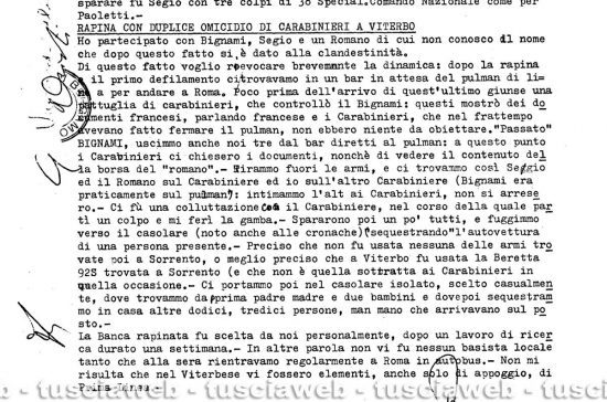 Senato della Repubblica - La parte del verbale di interrogatorio in cui Michele Viscardi parla dell'uccisione dei carabinieri Pietro Cuzzoli e Ippolito Cortellessa