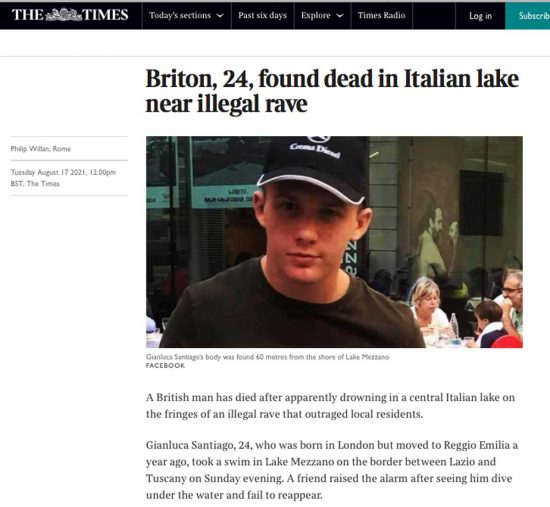 The Times sulla morte del 24enne al rave party