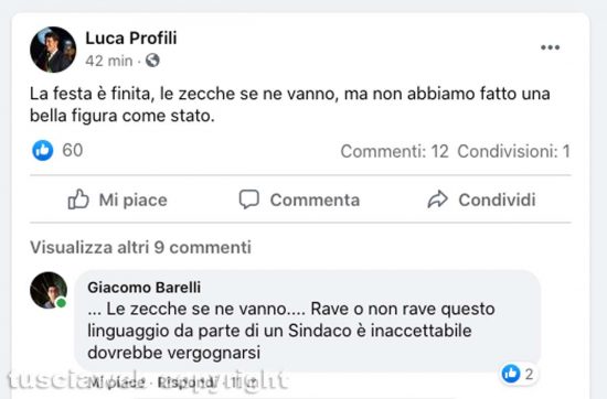 Rave a Valentano - Il post del sindaco Luca Profili