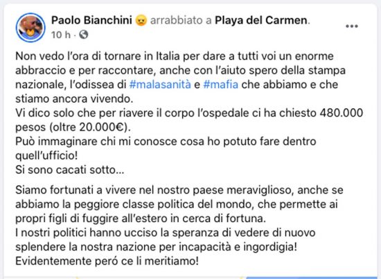 Il post di Paolo Bianchini sulla situazione critica che sta vivendo in Messico