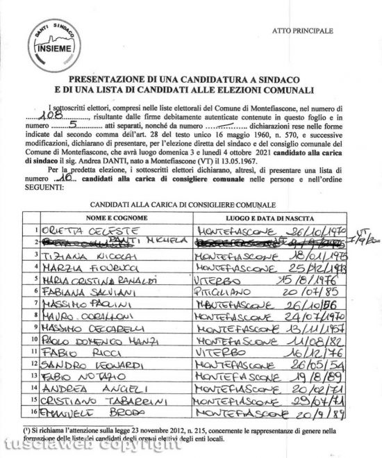 La lista elettorale di Danti come protocollata dal comune dei Montefiascone