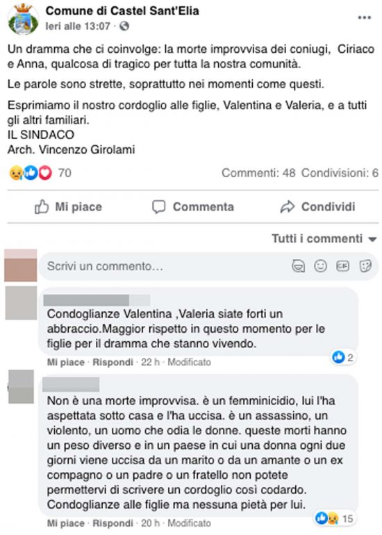 Femminicidio-suicidio a Castel sant'Elia - La polemica Facebook