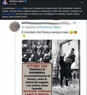 Il post con minacce ad Antonio Tajani