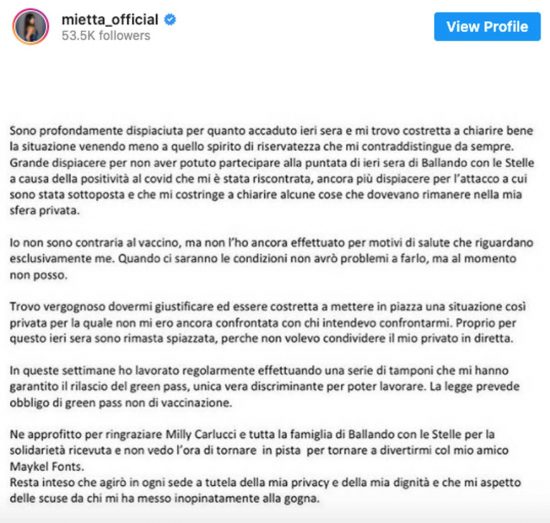 Il post di Mietta su Instagram