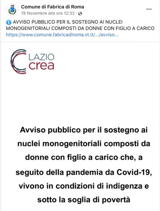 Avviso per mamme single - Il post del comune di Fabrica di Roma