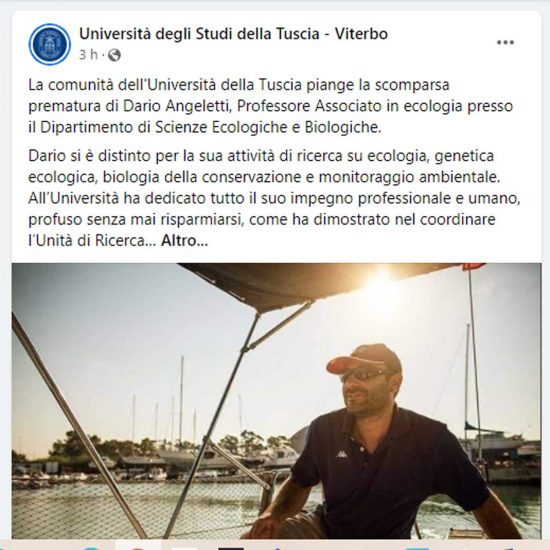 Il post su Facebook dell'Unitus per la morte di Dario Angeletti