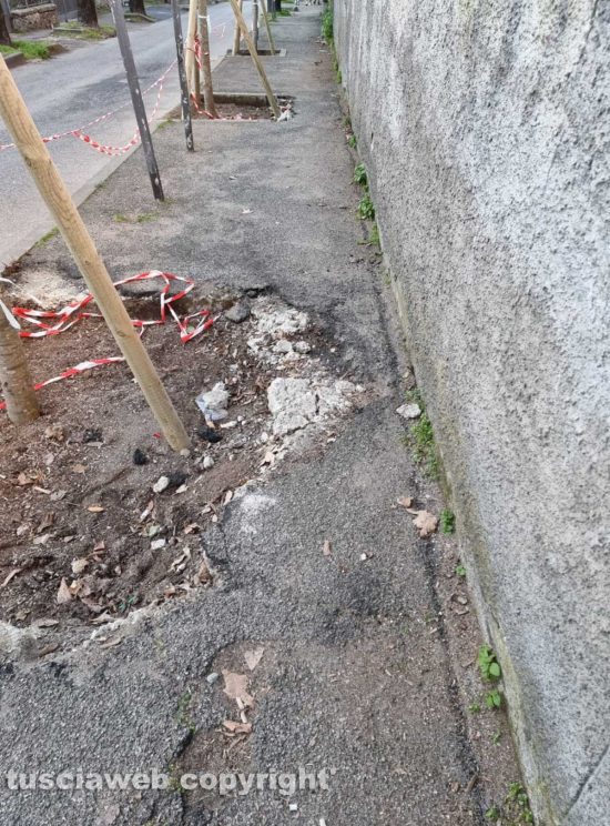 Viterbo - Transenne rendono impraticabile il marciapiede di via Lorenzo da Viterbo 