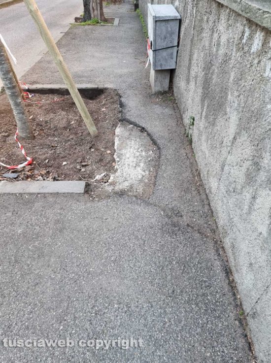 Viterbo - Transenne rendono impraticabile il marciapiede di via Lorenzo da Viterbo 