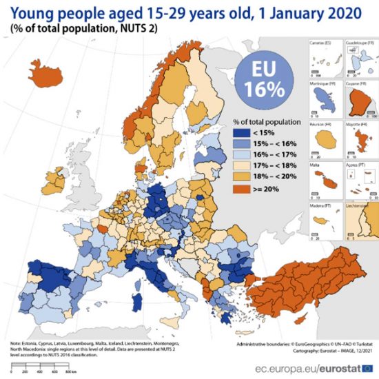 Eurostat - La mappa della popolazione giovanile nell'Ue