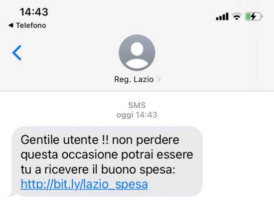 Regione Lazio - Sms con truffa buoni spesa
