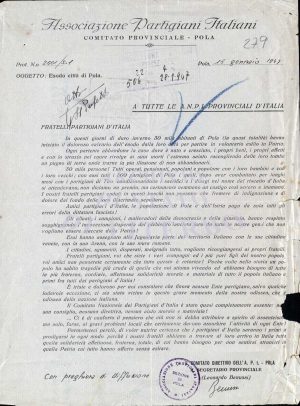 Appello del Comitato Provinciale di Pola dell’Associazione Partigiani Italiani indirizzato a tutte le Anpi provinciali di Italia 