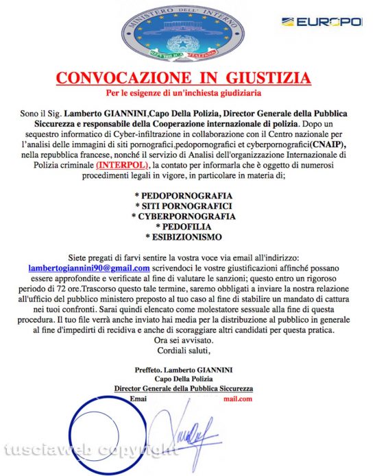 Truffa della pedofilia via email