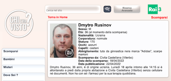 Dmytro Rusinov - L'appello a Chi l'ha visto?