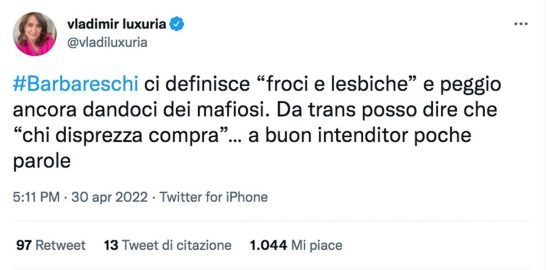 Il tweet di Vladimir Luxuria sulle parole di Barbareschi