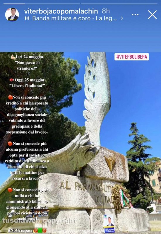 Viterbo - Manifesto elettorale sul monumento al Paracadutista d'Italia