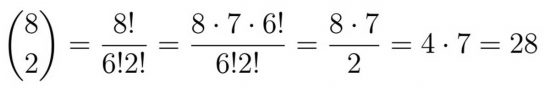 La formula del calcolo del coefficiente binomiale con k uguale a 2 applicata a 8 candidati