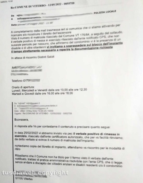 Viterbo - L'ascensore fermo a Santa Lucia - Le email tra condominio e comune