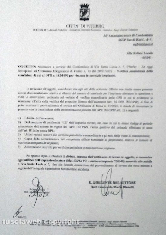 Viterbo - L'ascensore fermo a Santa Lucia - Il provvedimento