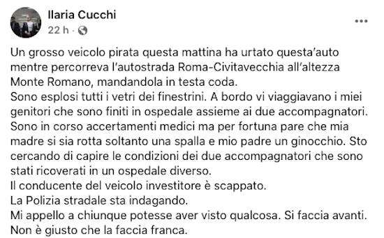 Il post di Ilaria Cucchi sull'incidente dei genitori