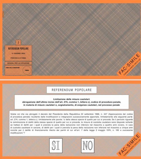 Referendum 12 giugno 2022 - Scheda