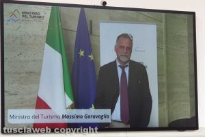 Il ministro del turismo Massimo Garavaglia e il sottosegretario alla cultura Lucia Borgonzoni, intervenuti uno con un videomessaggio e l'altra in collegamento