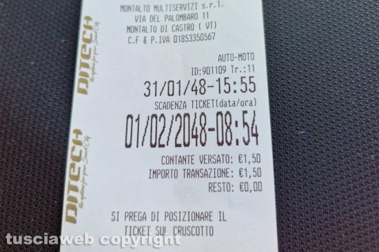 Montalto di Castro - La ricevuta del parcheggio valida fino al primo febbraio 2048
