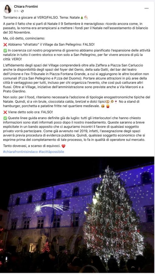 Natale - Il post su Facebook della sindaca Frontini