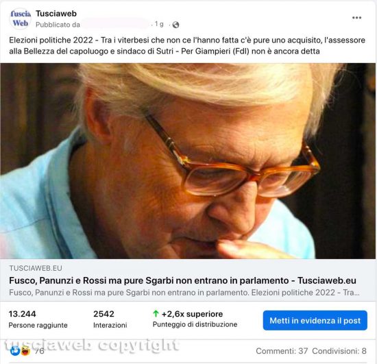 Media - Facebook - Il post dell'articolo su Umberto Fusco, Enrico Panunzi, Filippo Rossi e Vittorio Sgarbi